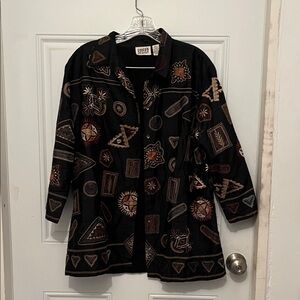 Quacker Factory Black Trench Coat with Brown & Cream Geometric Motifs